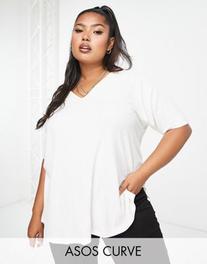 ASOS DESIGN Curve – Biały prążkowany T-shirt oversize z dekoltem w kształcie litery V za 50 zł w ASOS
