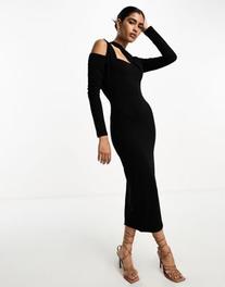 ASOS DESIGN – Czarna sukienka midi z długimi rękawami z dekoltem typu halter z ozdobnym paskiem za 74,5 zł w ASOS