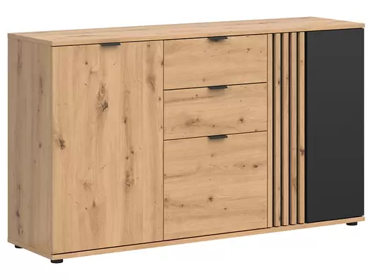 Komoda  150 cm z 3 drzwiami i 2 szufladami dąb artisan lamele za 399 zł w Black Red White