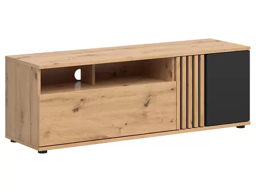 Szafka RTV  135 cm z drzwiami i szufladą dąb artisan lamele za 299 zł w Black Red White