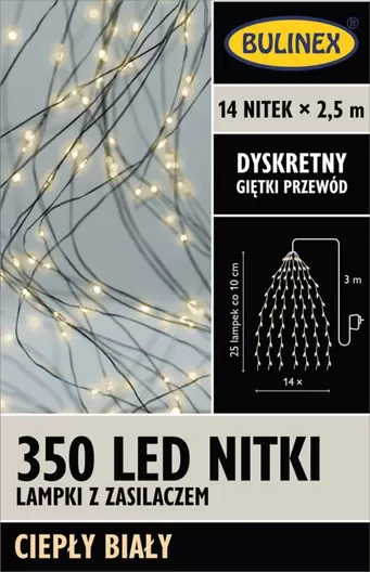 Lampki wewnętrzne 350 LED Bulinex nitki 14 x 2,5 m barwa ciepła biała za 75,98 zł w Castorama