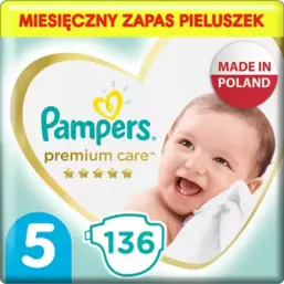 Pampers, Premium Care, pieluchy jednorazowe, rozmiar 5, 11-16 kg, 136 szt. za 217 zł w Smyk