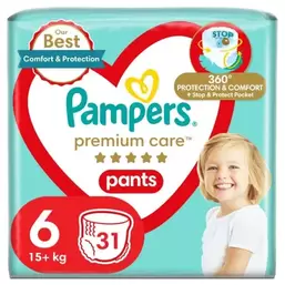 Pampers, Premium Care, pieluchomajtki, rozmiar 6, 15+ kg, 31 szt. za 73,49 zł w Smyk