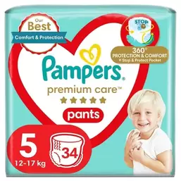 Pampers, Premium Care, pieluchomajtki, rozmiar 5, 12-17 kg, 34 szt. za 73,49 zł w Smyk